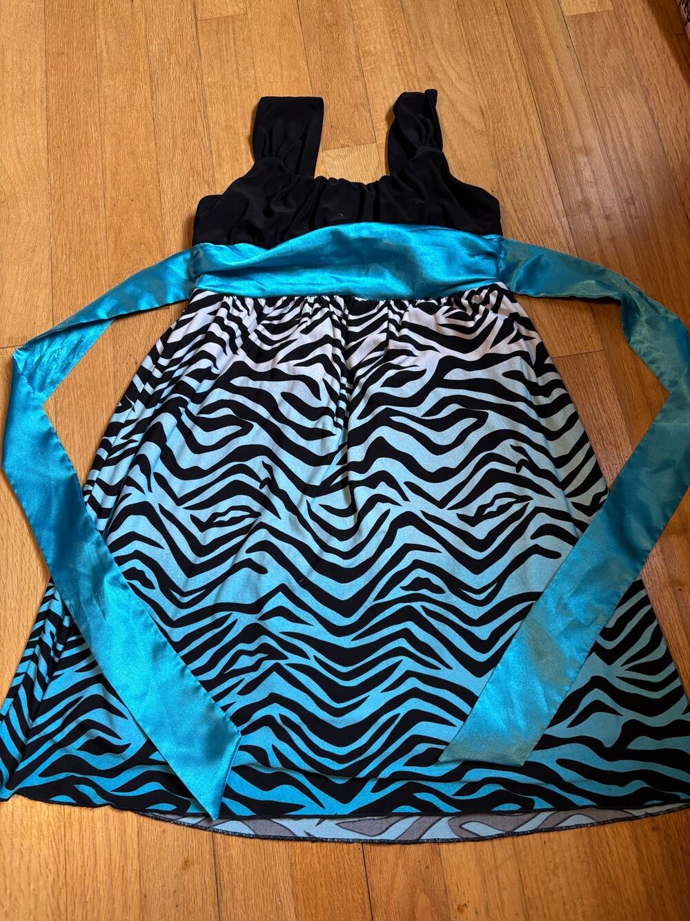 Rare Editions Girls Zebra Print Dress - Black & Blue, Satin Sash, Smocked Back